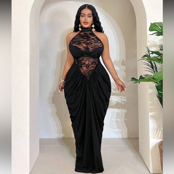 Black Backless Lace Halter Gown - Picture 3 of 8